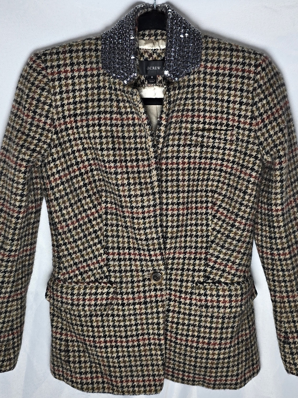 J. Crew Women’s Rhibestone Collar Houndstooth Tweed Jacket Blazer Autumn Brown 0
